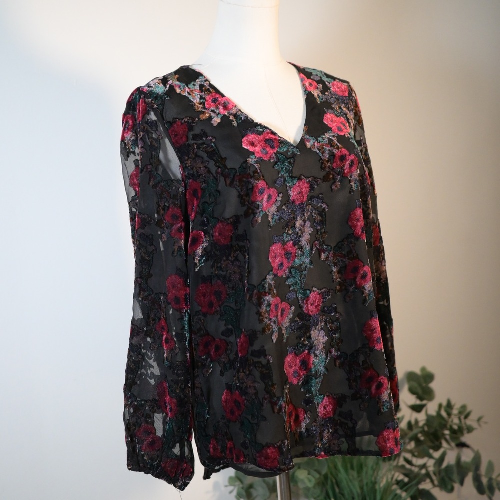 Dalia Womens Small Black Burnout Velvet Floral Mesh V-Neck Long Sleeve Blouse